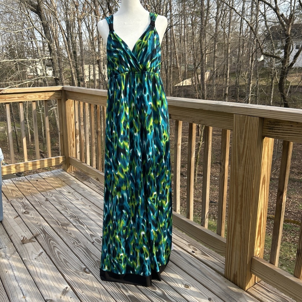 Maxi Dress Women's XL Blue Green Abstract Coastal Casual Mom Vacation ABStudio